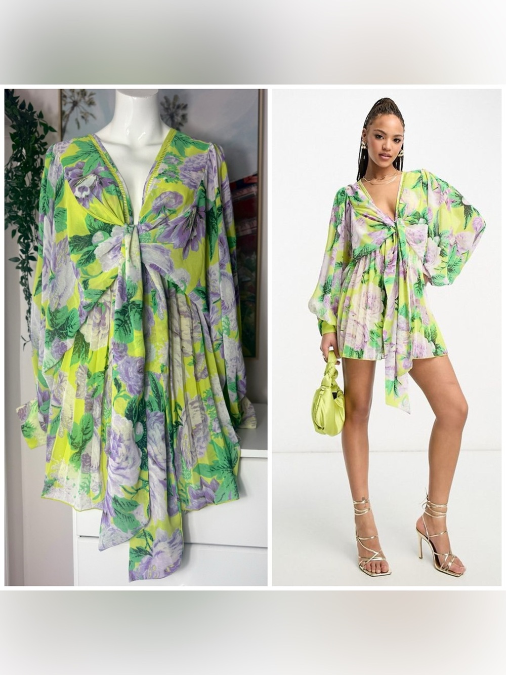 ASOS Design Purple Green Floral Pleated Romper Tie Front Batwing Size 12 L NWT